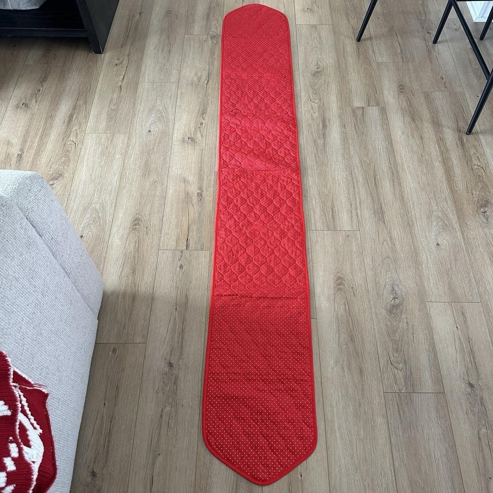 VTG Christmas Table Runner Red Quilted Dot Country Cottagecore 87x13 Granny
